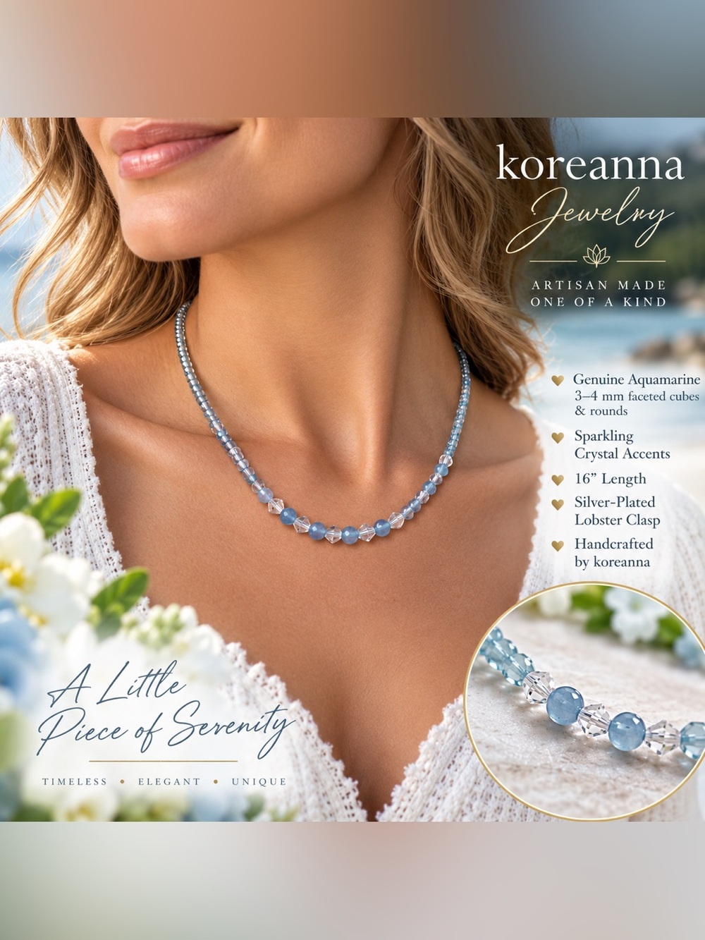 Koreanna Artisan Aquamarine Faceted Cube & Crystal Necklace – OOAK